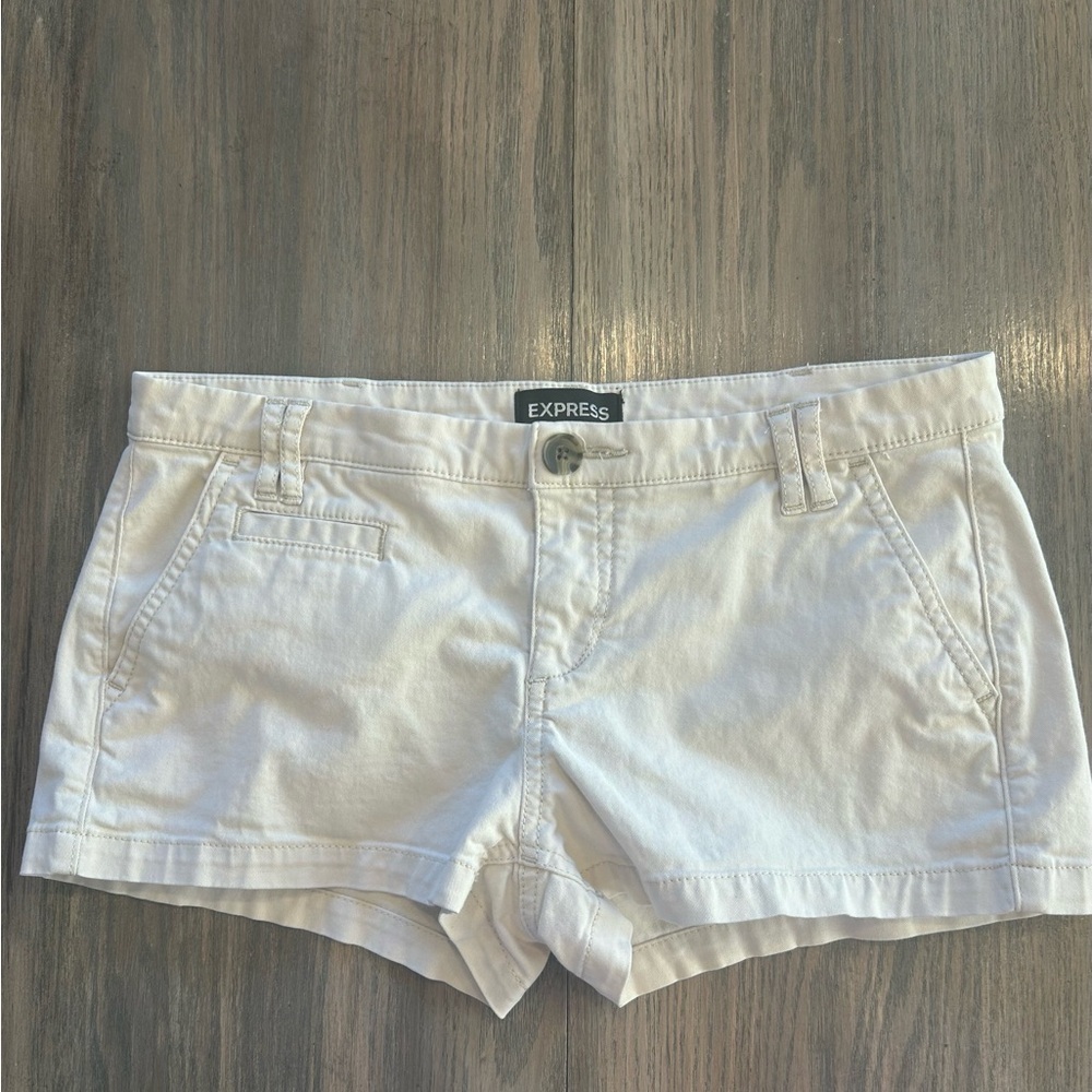 Express Vtg Y2K 90’s Low Rise Micro Mini Shorts Light Khaki 98% Cotton Size 4 - Picture 2 of 9